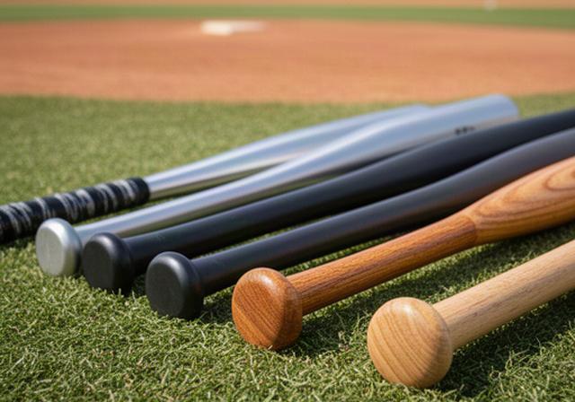 屋外の野球場で並べた金属バットと複合バット、木製バットのグリップと打球面